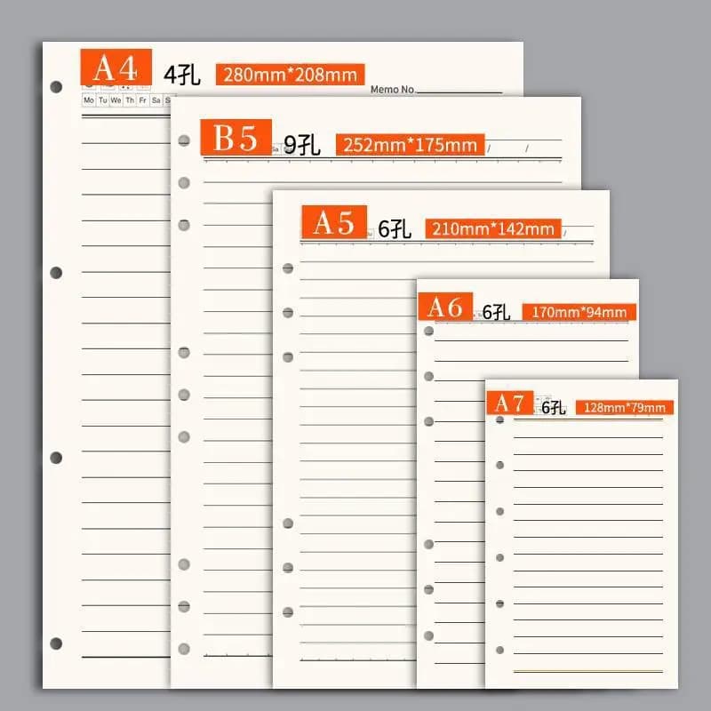 A4 B5 A5 A6 A7 Linea Notebook a fogli mobili Ricarica Raccoglitore a spirale Pagina interna Griglia Diario Agenda Planner Copertina di carta Cancelleria scolastica