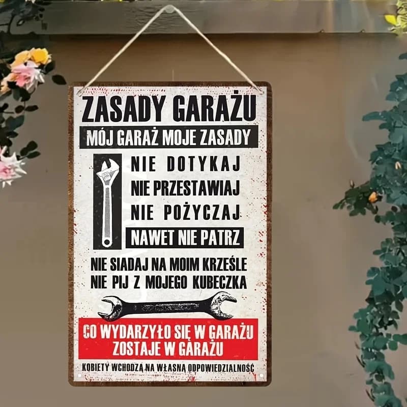 , Targa da parete in metallo vintage - Targa con regole di garage in ferro rustico con testo polacco e grafica con chiave, senza toccare/damentiere/Loitering