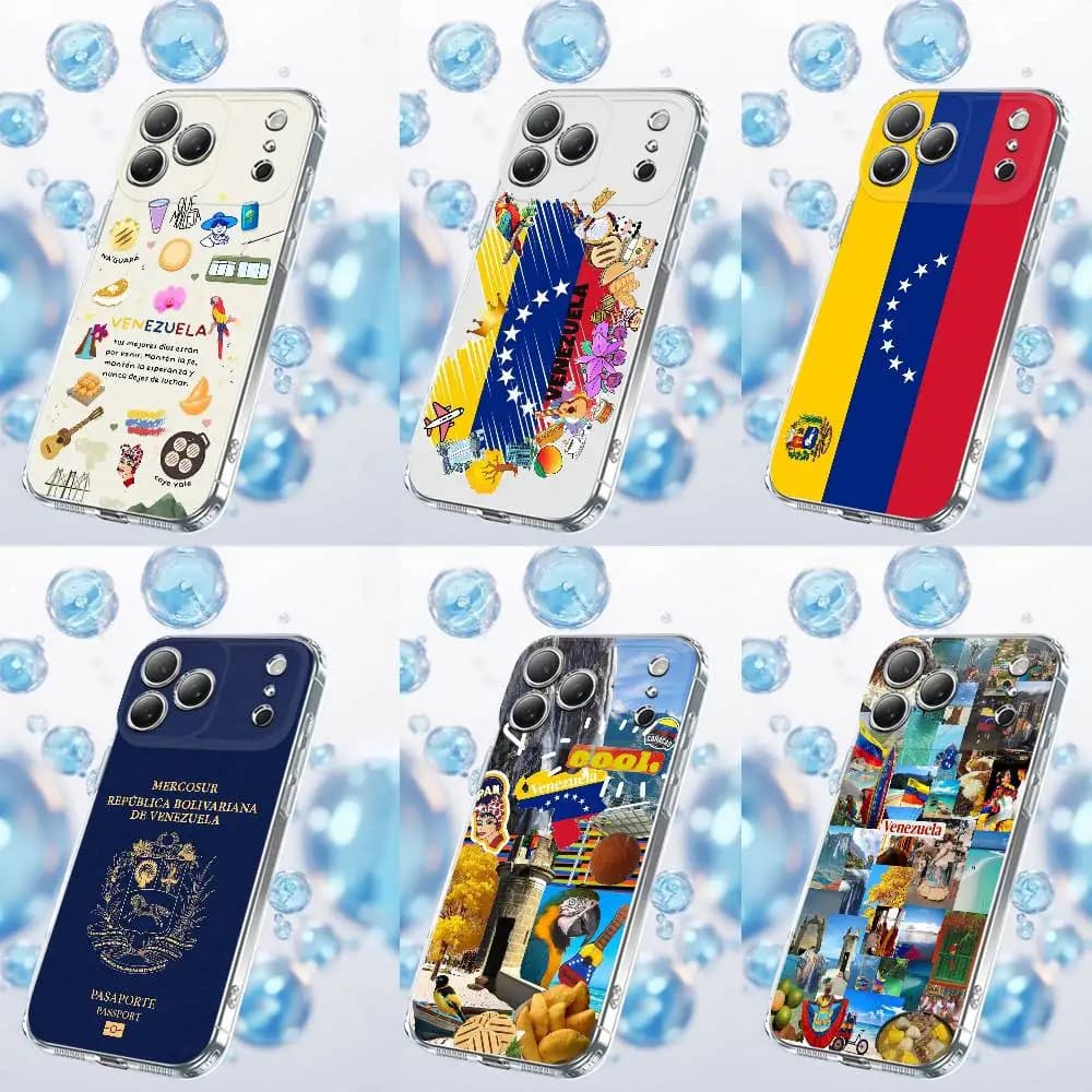 Custodia per telefono con collage logo bandiera passaporto Venezuela per iPhone 17,16,15,14,13,12,11 Plus,Pro,Max,Plus,E,SE4,Air,Mini trasparente