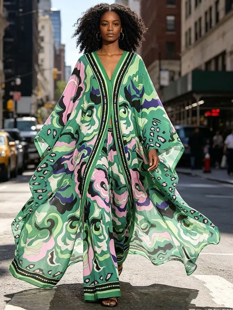 Retro V-neck bat sleeve plus size long coat blouse printed women's elastic waist straight pants spring and summer holiday suit
