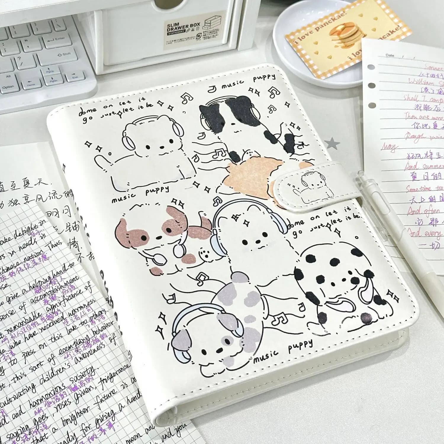 Music Dog A5 PU Leather Binder, Ins Style High-Value Journal Notebook, Thick Refillable Scrapbook & Photo Album for Planning
