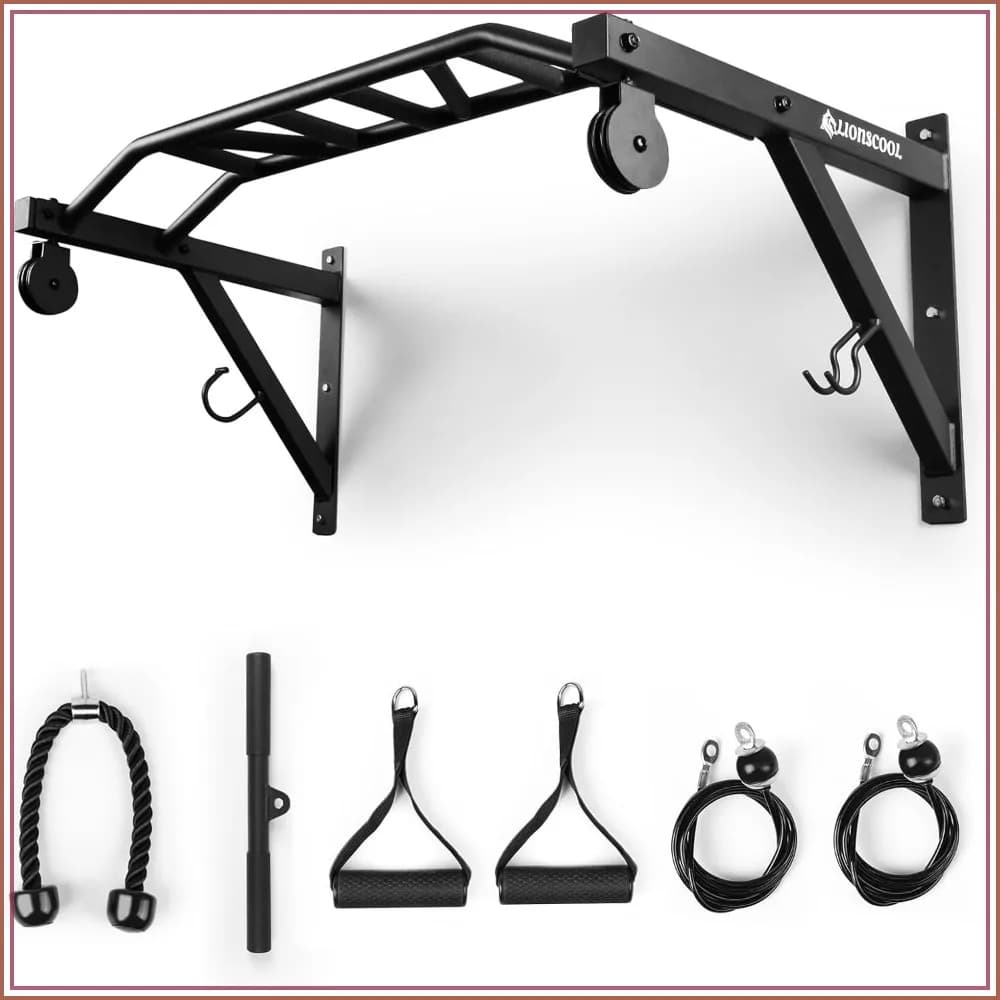 Multifunctional Wall Mounted Pull Up Bar with Pulley System, 48" Multi-Grip Chin Up Bar, Cable Attachments Included for Upper Body Workouts