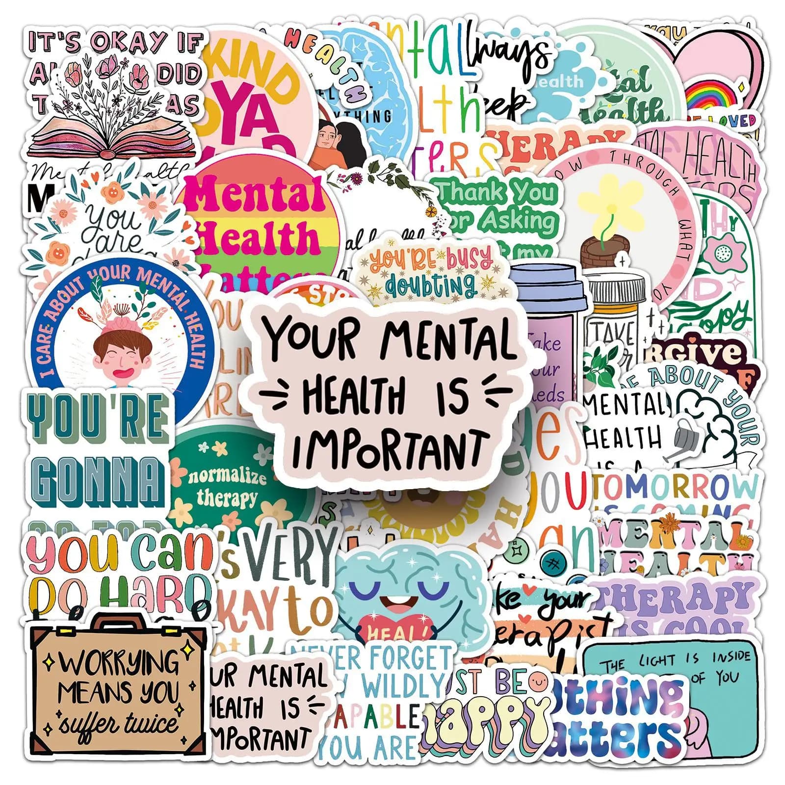 50 positive mental health stickers that encourage decorations with quote for laptops, bottles, diary, gifts for mental health lovers