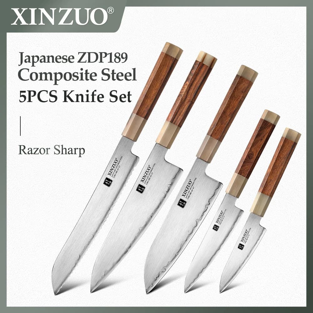 XINZUO Coltello da cucina Set da 5 pezzi Coltello da chef professionale Acciaio composito Manico classico in legno Utensili da cucina multiuso