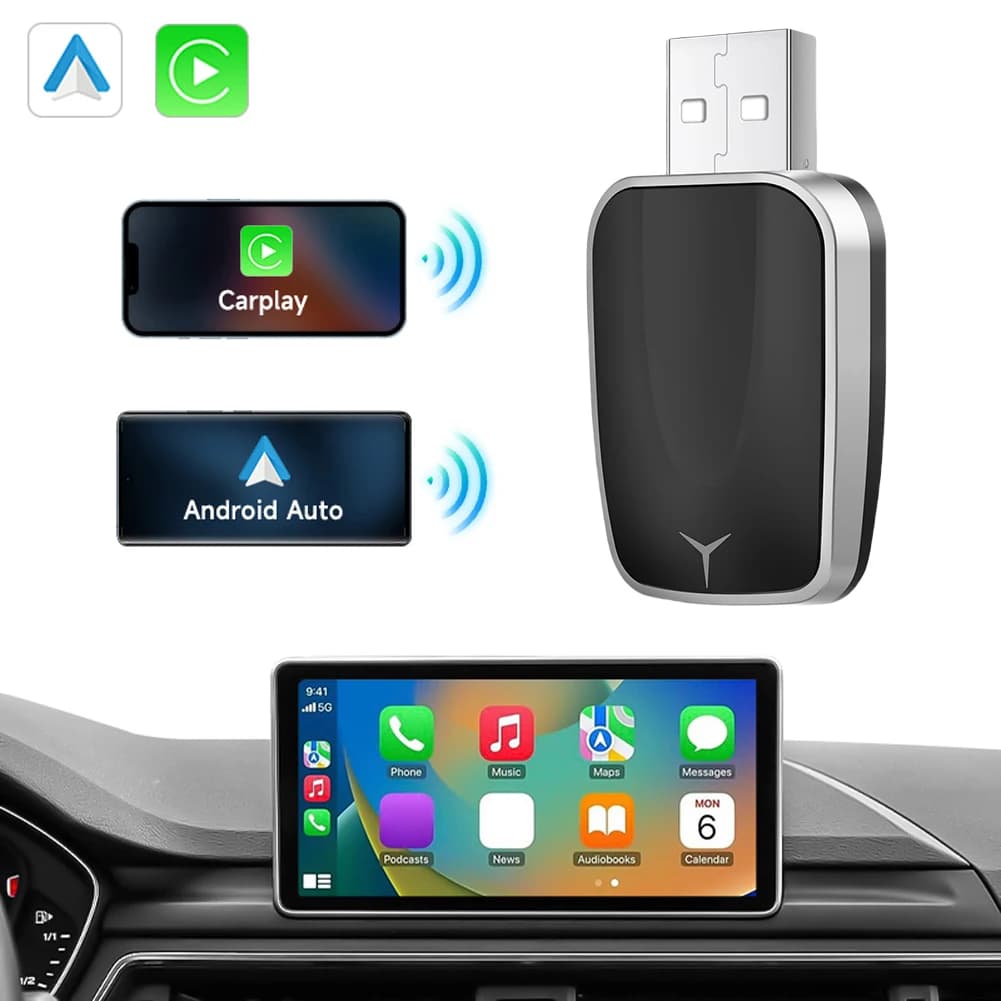 Adattatore Wireless 2 in 1 per CarPlay e Android Auto, Mini Adattatore Wireless 5GHz WiFi Type-C/USB Plug & Play per CarPlay