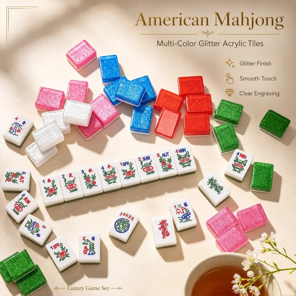 Glitter Acrylic American Mahjong Set 160Pcs Multiple Colors Optional Premium Sparkly Mahjong Tiles for Party Travel Family Game