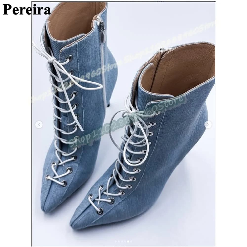 Stivaletti a punta incrociati in denim azzurro con tacco a spillo Scarpe con tacco alto per donna Stivali di tendenza casual con punta a punta con cerniera laterale