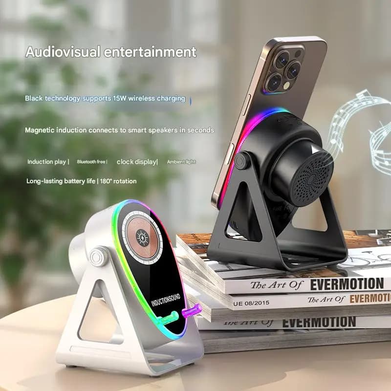 Phone support with wireless charging speaker: 15 watt fast charging, Bluetooth 5.3, environmental light suitable for all phones