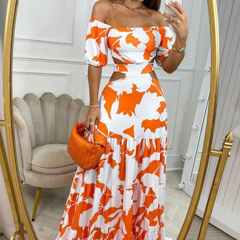 2024 Summer women's Temperament pendolarismo Slim Fit stampa Sexy Hollow Off-spalla Maxi Evening Party Beach abiti lunghi