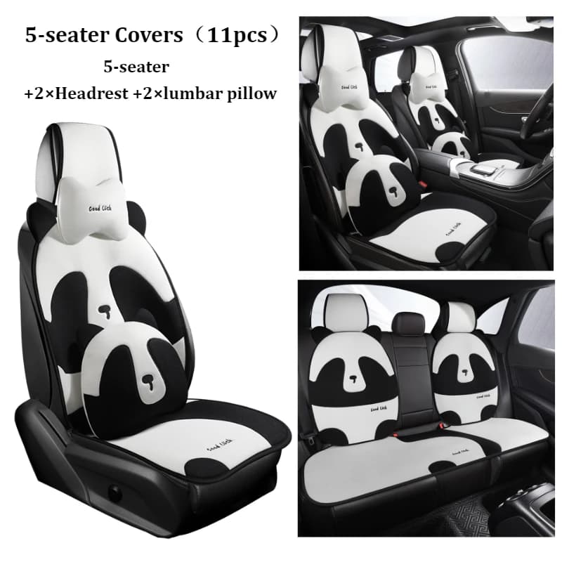 Coprisedili per auto in lino traspirante per 5 posti (11 pezzi) con divertente panda 3D, comodi e facili da installare, con 2 poggiatesta + 2 cuscini lombari