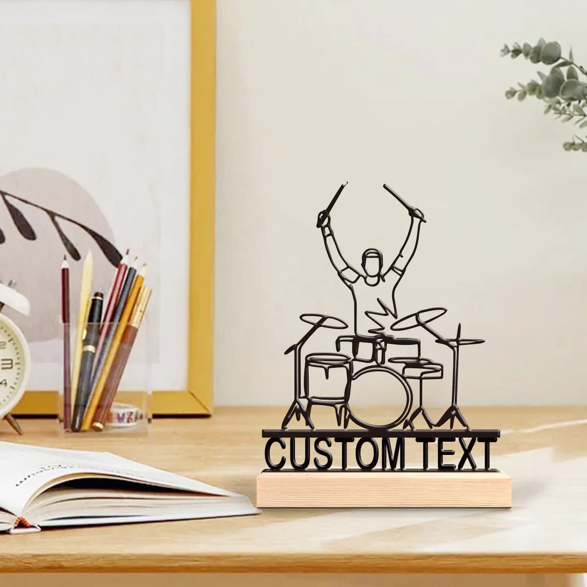 1pc Customized Minimalist Metal Ornaments Custom Name With Wooden Base Desktop Decorations,Office Decorations