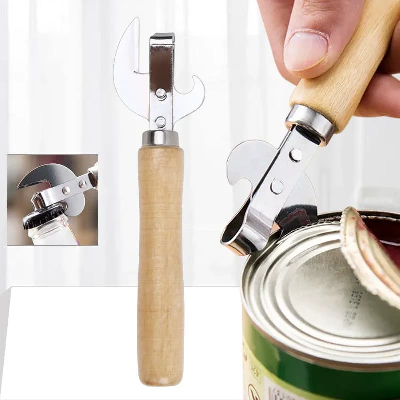 Manico in legno Apribottiglie Apriscatole manuale Dispositivo di rimozione del coperchio Sicurezza Apriscatole per lattine di birra a doppio scopo Coltello Accessori per feste da cucina