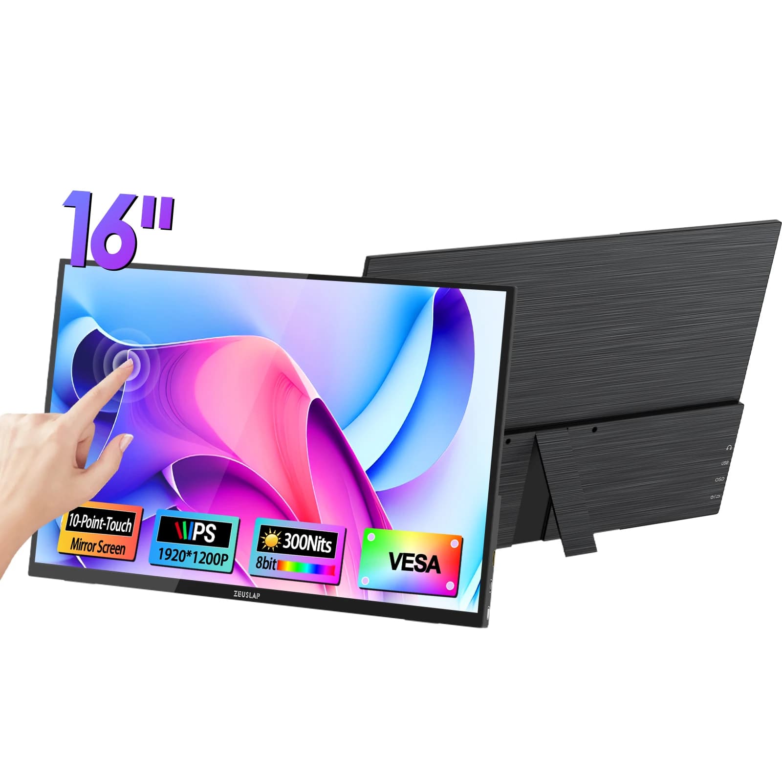 16-inch ZEUSLAP Touch Screen Portable Monitor with Support, Steam Deck Travel Display, Laptop, Switch, PS4, PS5, Xbox