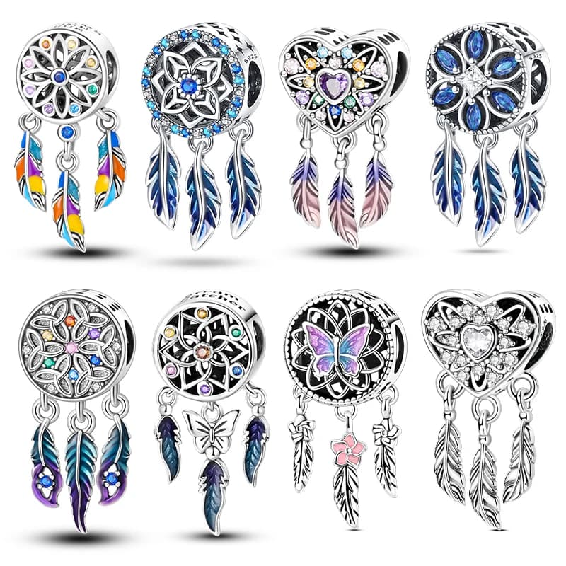 100%925 Silver Dreamcatcher Feather Heart Charms Beads Fits 3mm Bracelet Necklace DIY For Lady Fashion party Jewelry Gift