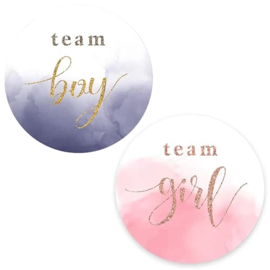 120PCS Gender Reveal Stickers 1.2 Inch Gold Glitter Stickers Pink Blue Watercolor Gender Show Stickers for Party Games Supplies