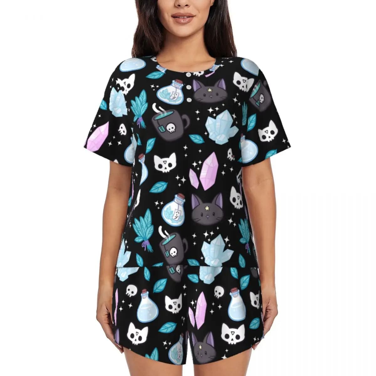 Custom Herb Witch Pajama Sets for Women 2 Piece Halloween Witchy Spooky Cat Short Sleeve Pjs Shorts Sleepwear