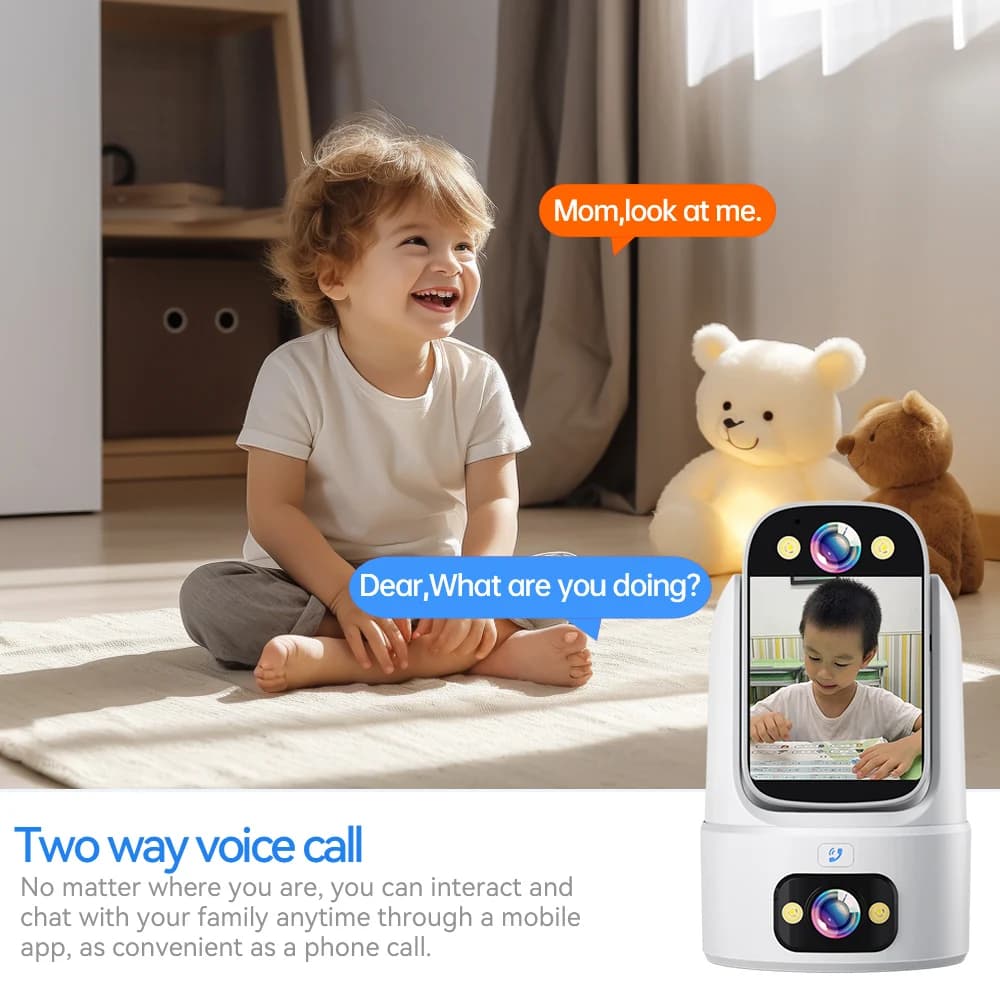 Baby monitor a doppia lente da 4 MP, 360 ° Tracciamento automatico panoramico PTZ WiFi per interni, visione notturna audio bidirezionale, funziona con Alexa Google