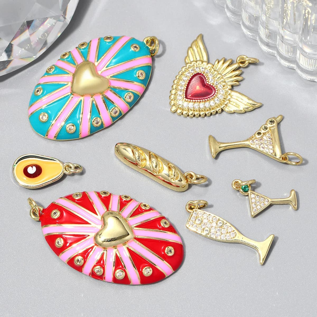 Set of 3 Pieces: Pendants in Copper with Zirconia for DIY Earrings, Flûte Shape Pendants from Champagne, Wine Glass, Avocado and Fruit for Women's Necklaces