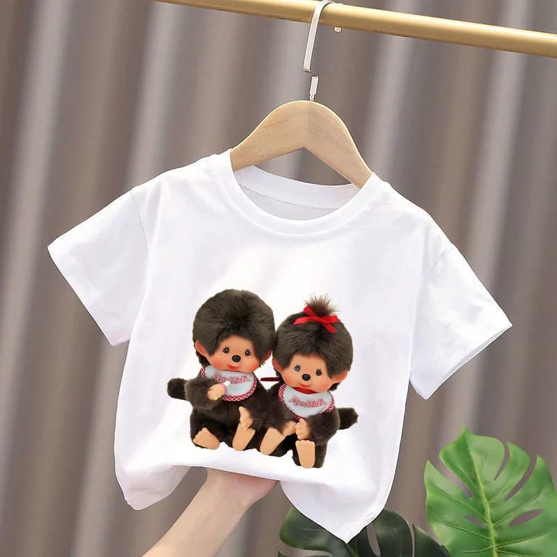 Monchhichi Kids T-shirts with anime characters, top for boys and girls, short sleeve shirt with cartoons, summer children's clothing, gift idea