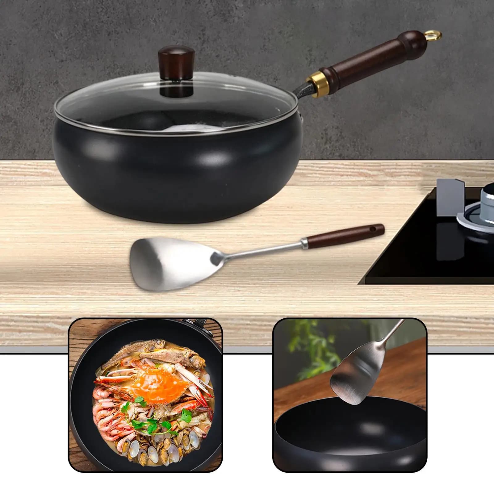 Wok Anti-adhesive Iron Plate with Ergonomic Handle for Universal Kitchen
