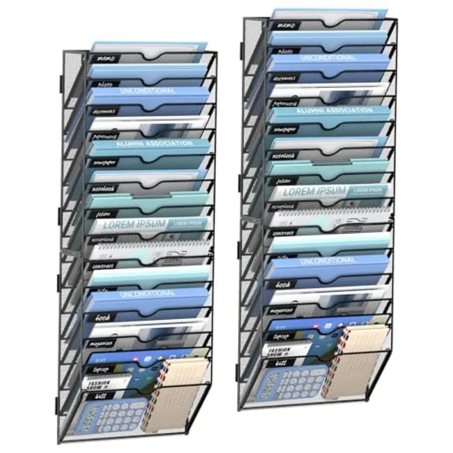 Organizzatore da Parete a 14 Livelli per Documenti, Porta Cartelle e Classificatore di Posta in Metallo per Ufficio, Casa e Scuola, Nero, Confezione da 2