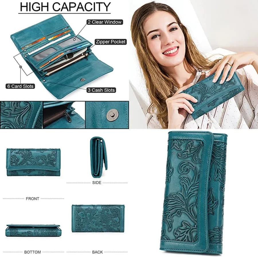 Portafoglio da donna in pelle con blocco RFID, a tre ante, con portamonete, goffrato, lungo, porta carte, porta cellulare, porta libretto degli assegni.