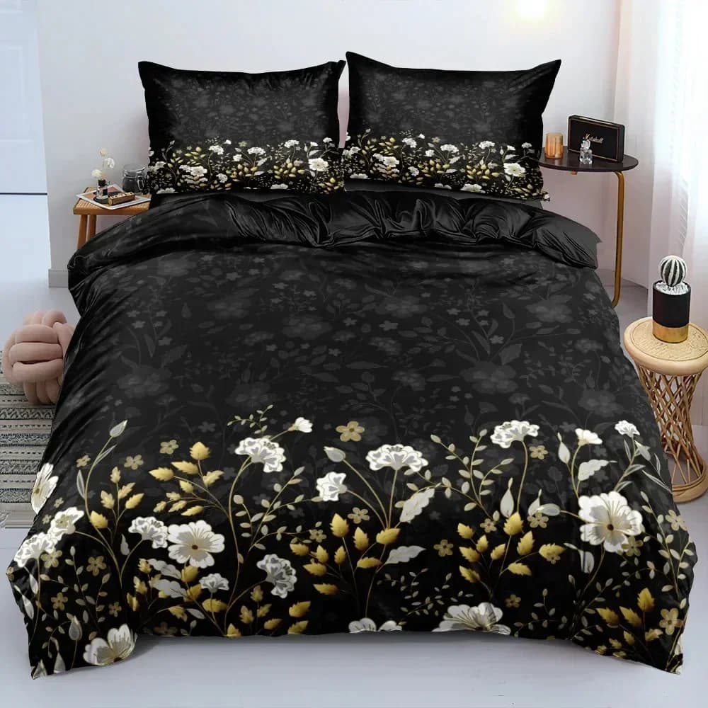 Set di Biancheria da Letto con Fiori Neri e Oro, Copripiumino e Federe per Ragazzi e Ragazze, Misura Twin e Queen, per Bambini e Adulti, Tessile per la Casa alla Moda