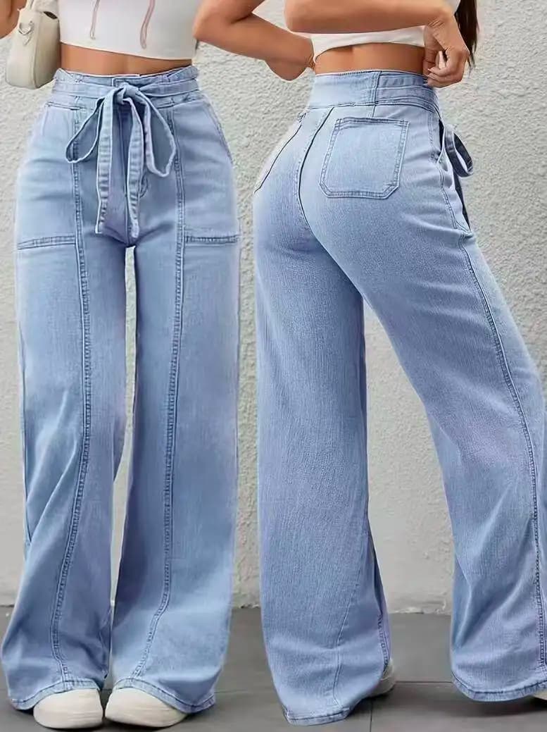 High Waist Belted Wide Leg Pants for Women with Large Patch Pockets And Splicing Stitching Design