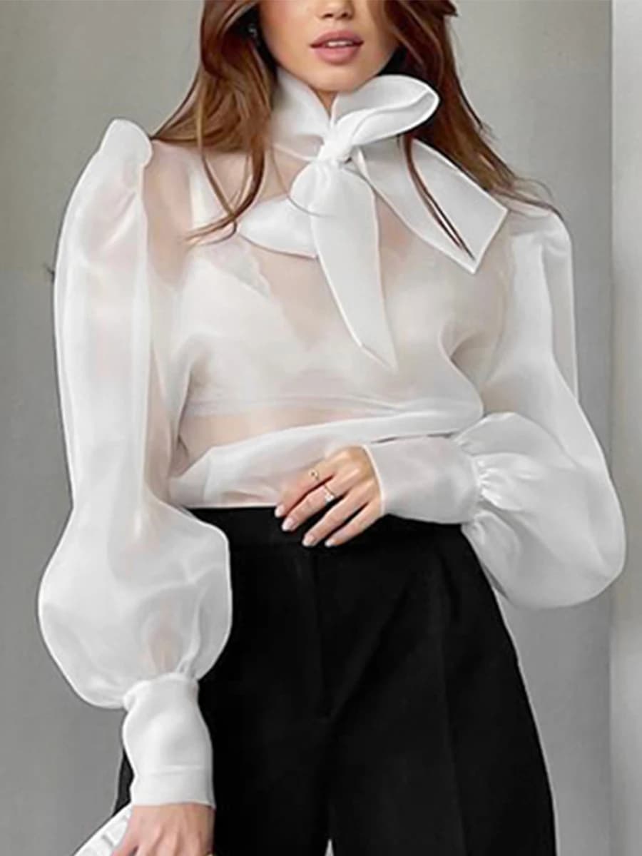 New Elegant Mesh Transparent Blouse Women French Style Organza Shirt Tops Lace-Up Bow Lantern Sleeve Buttons Casual 64072