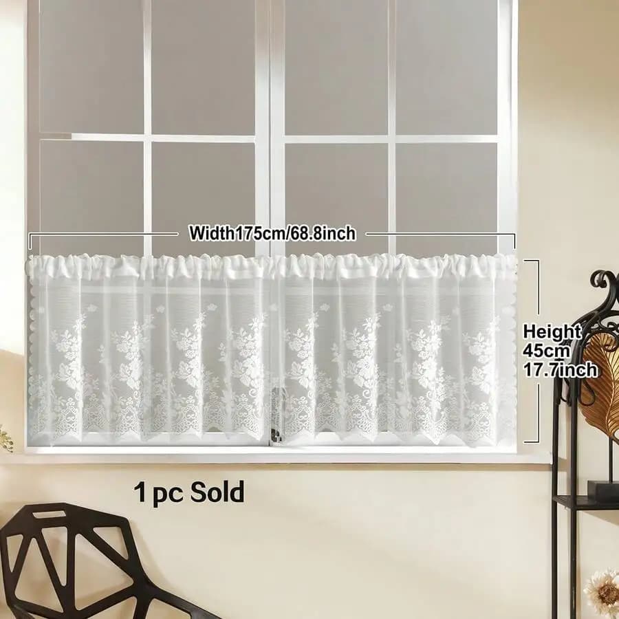 1pc Black Lace Short Curtain With Floral Pattern, French Romantic Style Full Polyester Window And Door Decoration, Suitable For