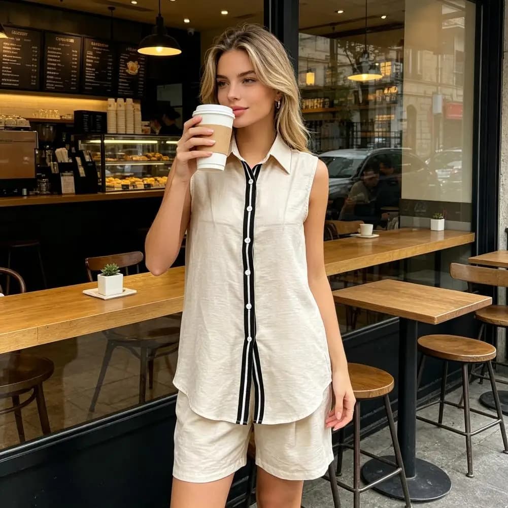 Completo da donna due pezzi 2026: Set coordinato in lino con top a bretelle e pantaloncini, ideale per le vacanze