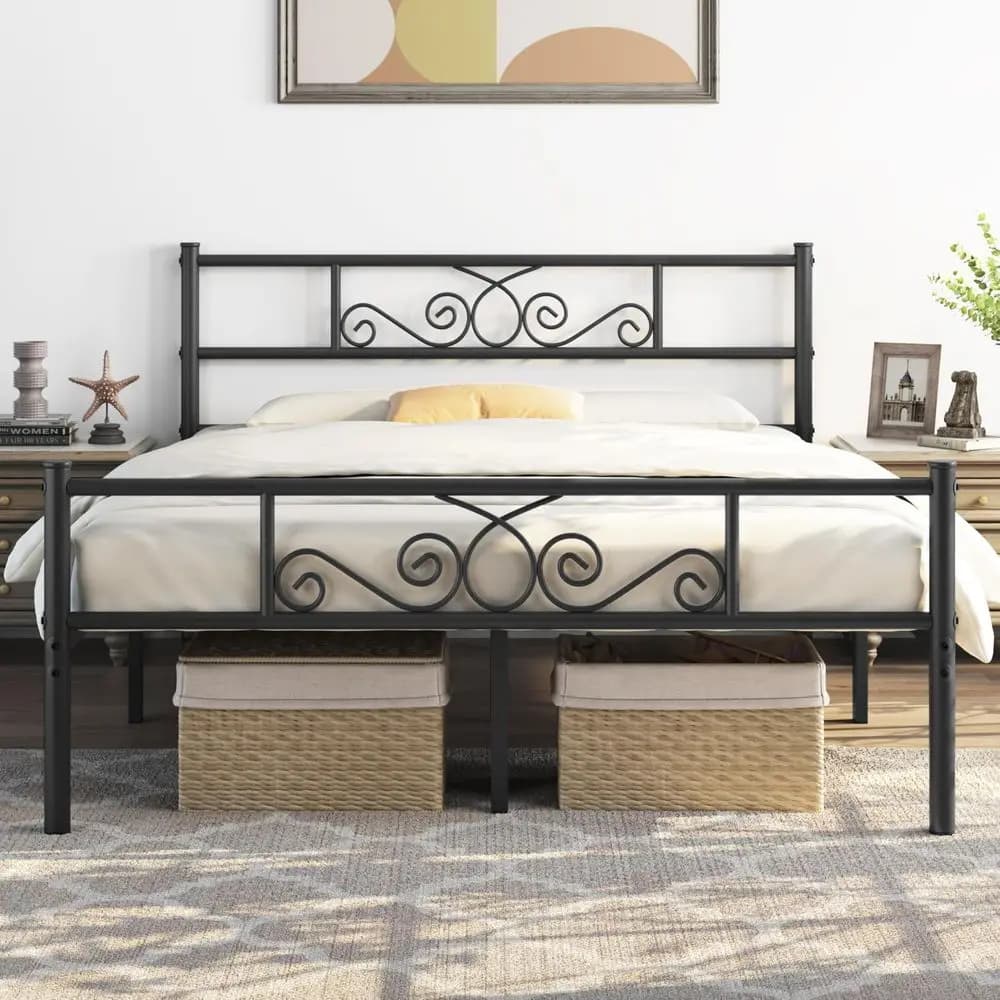 Struttura letto classica in metallo nero da 13 pollici con testiera, base letto a piattaforma con materasso, base letto a doghe, misura Full Size