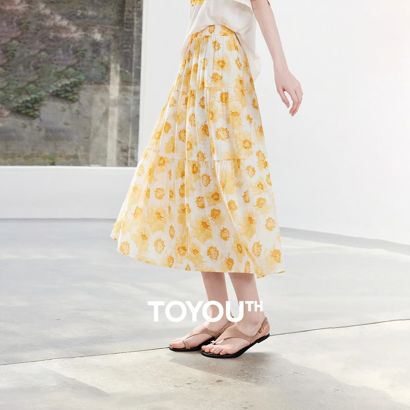 TOYOUTH Women Houhou Collaboration Oil Painting Style Orange Yellow Flower Skirt 2026 Summer New Flowy Vacation A-Line Skirt