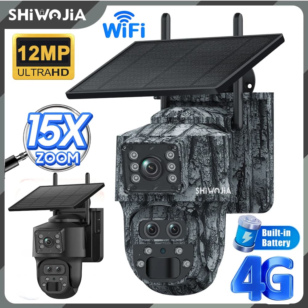 SHIWOJIA 12MP 15X Zoom 4G Sim Double Screen Solar Camera External 4K Three Goals Automatic Security Tracking CCTV Cameras