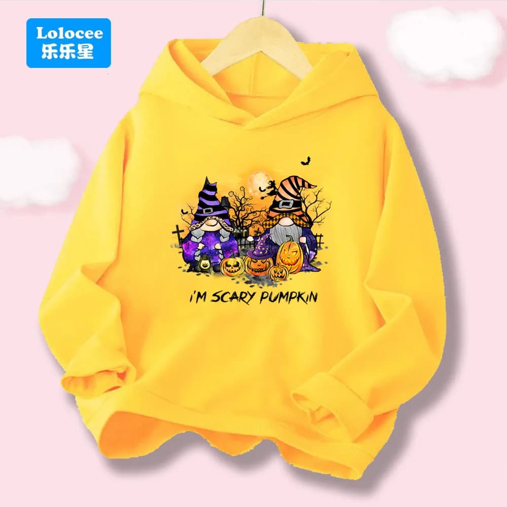 Lolocee Boys' & Girls' Halloween Hoodie, Kawaii Gnome & Pumpkin Cartoon Print, Casual Kids' Hooded Top WSJ3