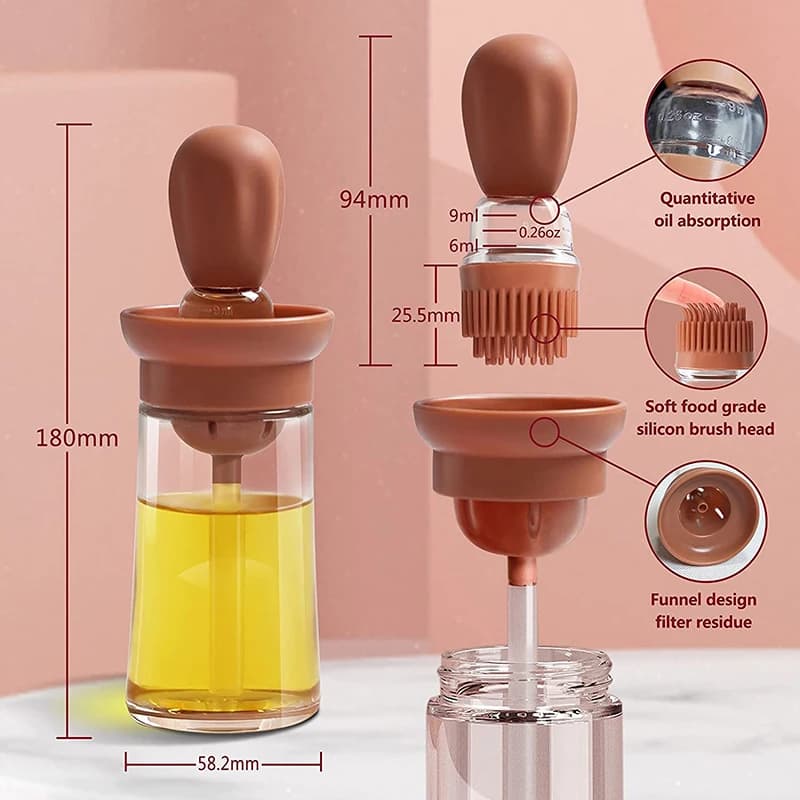 Bottiglia portatile per olio da cucina con pennello in silicone, dosatore quantitativo con spray per barbecue, per cucinare, cuocere e distribuire olio.