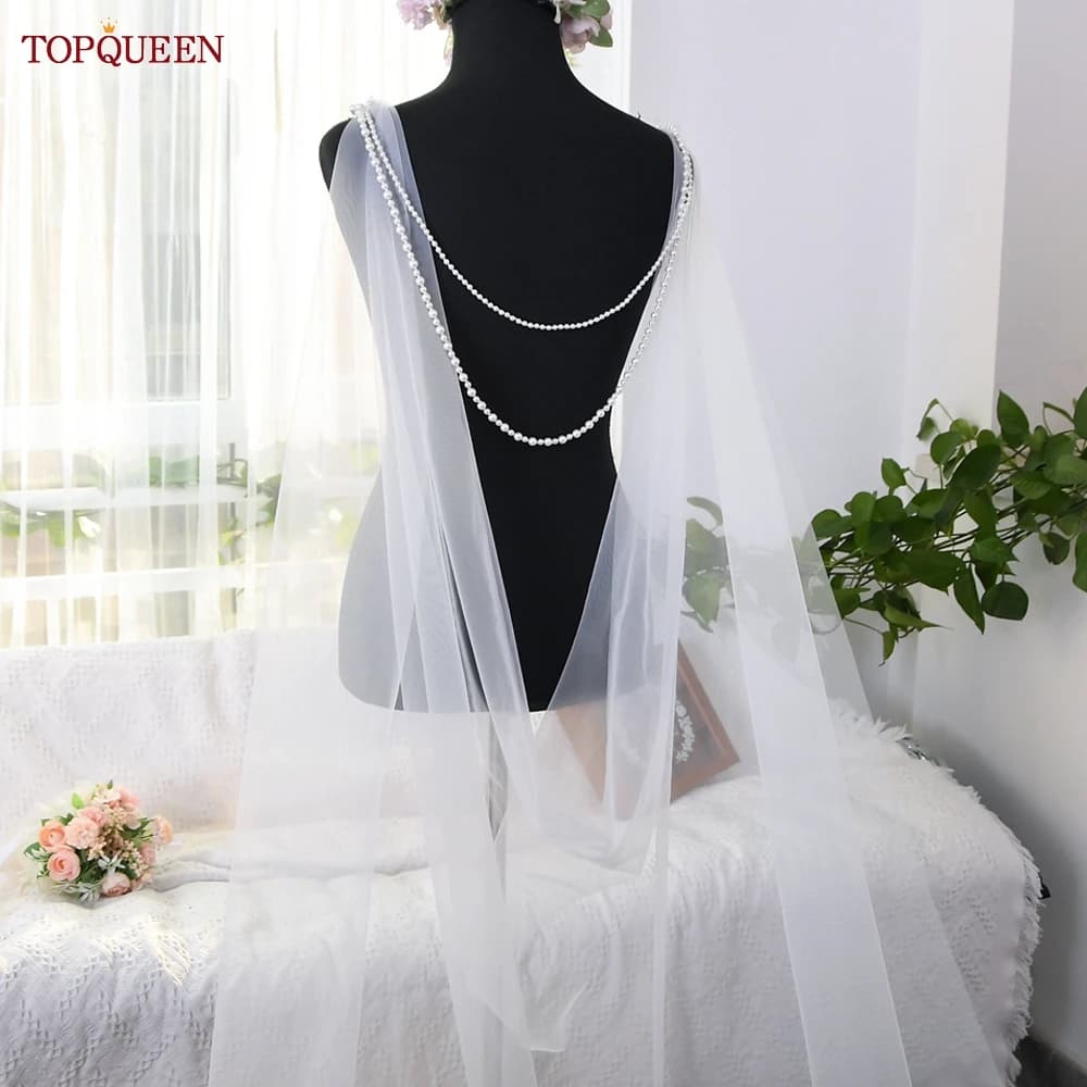 TOPQUEEN G33 Elegant Wedding Capes Veil Bridal Wraps Long Train Shawls Cloak with Pearl Beaded White Ivory Wedding Customizable