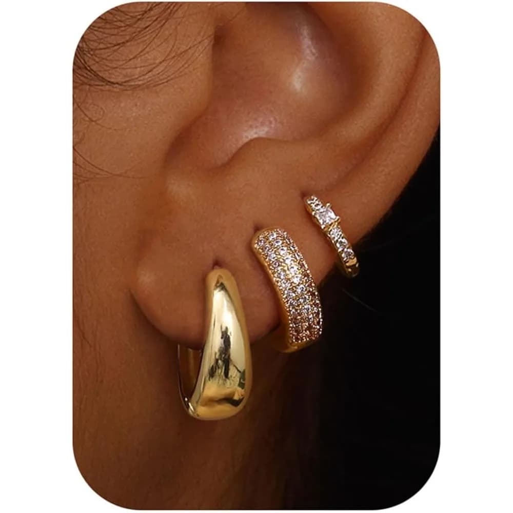 Drperfect 3Pairs Small 14K Gold Plated Chunky Hoop Earrings Set for Women Non Tarnish Hoops Earring Stacks Piercing Jewelry
