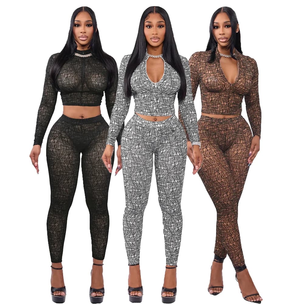Line Print 2-Piece Set Women Sexy Zip Crop Top+Leggings Matching Stretch Clubwear Midnight Skinny Matching Outfits