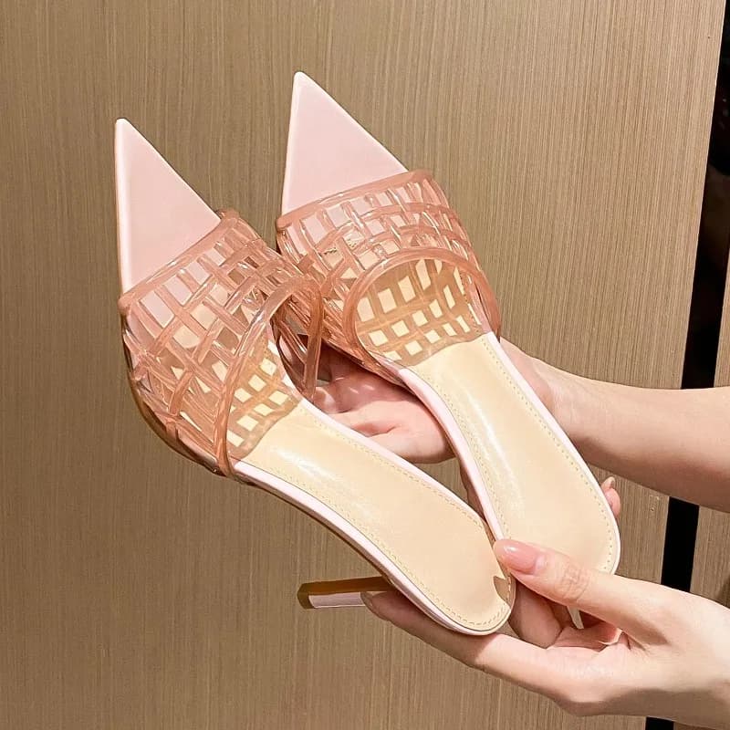 2026 Women's Hollow-Out Grid PVC Heeled Mules Pointed Toe Stiletto Slip-On Sandals Multi-Color Summer Shoes for Party Daily Wear