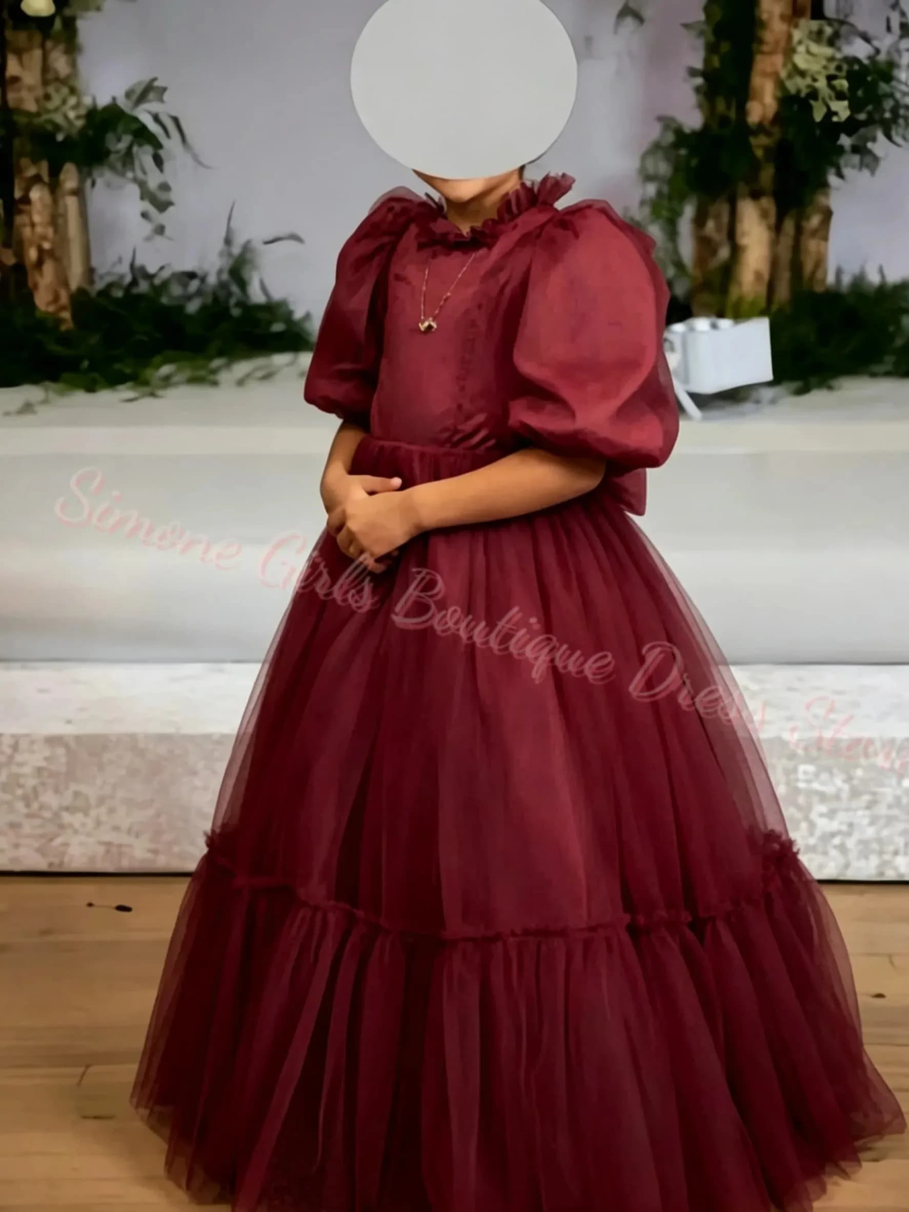 Elegante Abito da Damigella in Chiffon e Pizzo Rosso con Mezze Maniche per Bambine, Cerimonie Nuziali, Ricevimenti Formali, Personalizzabile