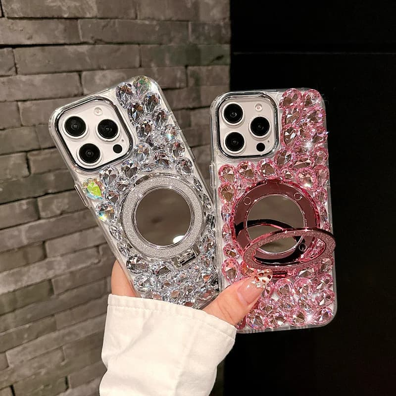 Custodia per iPhone 16 15 14 13 12 11 Pro Max Plus Nuova Cover Protettiva Coreana INS con Strass e Specchio per il Trucco Integrato