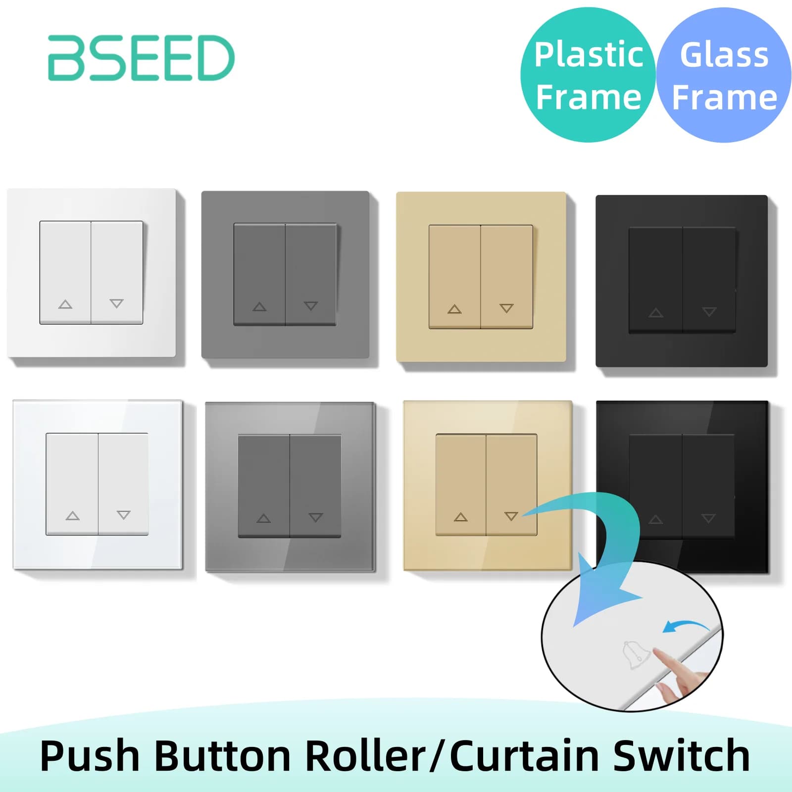 BSEED Mechanical Curtain Switch Electric Roller Shutter Switch Push Button Wall Blinds Switch Glass Plastic Frame EU Standard