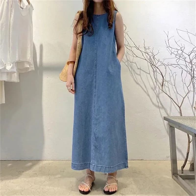 Abito lungo alla moda con scollo rotondo, tasca senza maniche, stile ampio e lungo, camicetta senza schienale, abito in denim, abito da donna