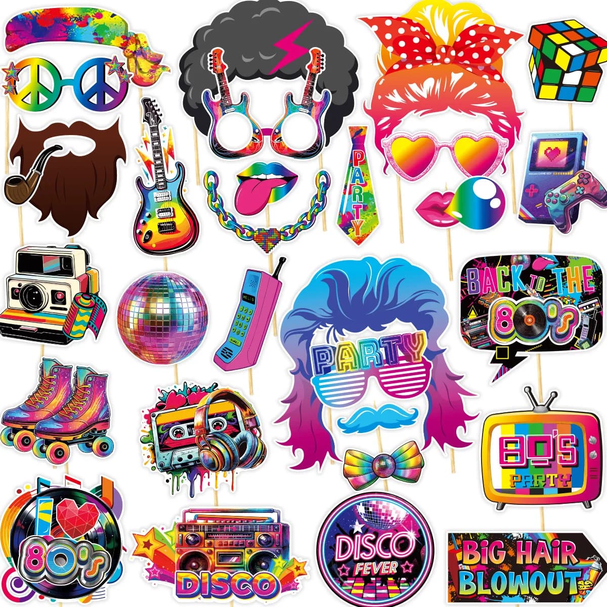30 pz/set anni '80 tema musica da discoteca Photo Booth Puntelli Hip Hop Dress Up Maschere di carta per il compleanno Addio al nubilato Decorazione della festa nuziale