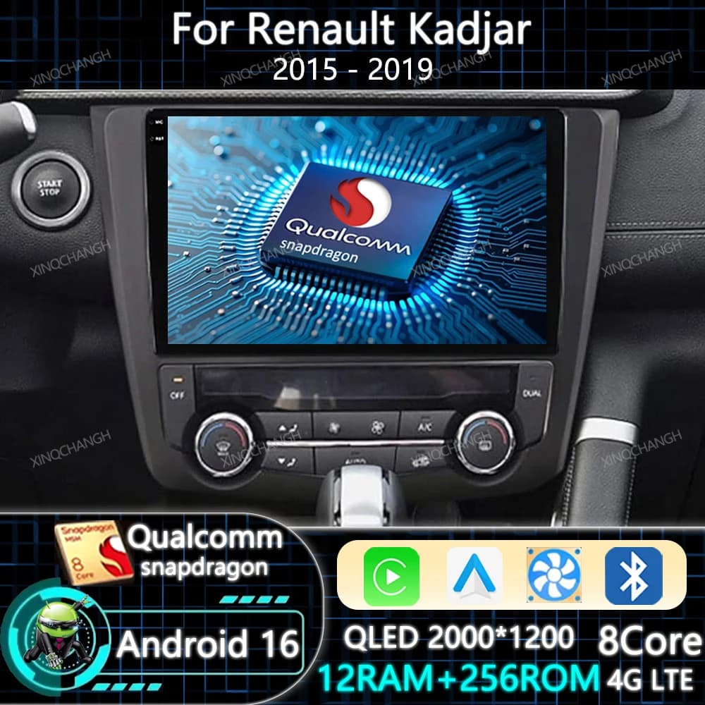 Android 16 Car Radio For Renault Kadjar 2015 2016 2017 2018 2019 Qualcomm 2DIN BT QLED 4G WIFI GPS Carplay Auto Head Unit BT GPS