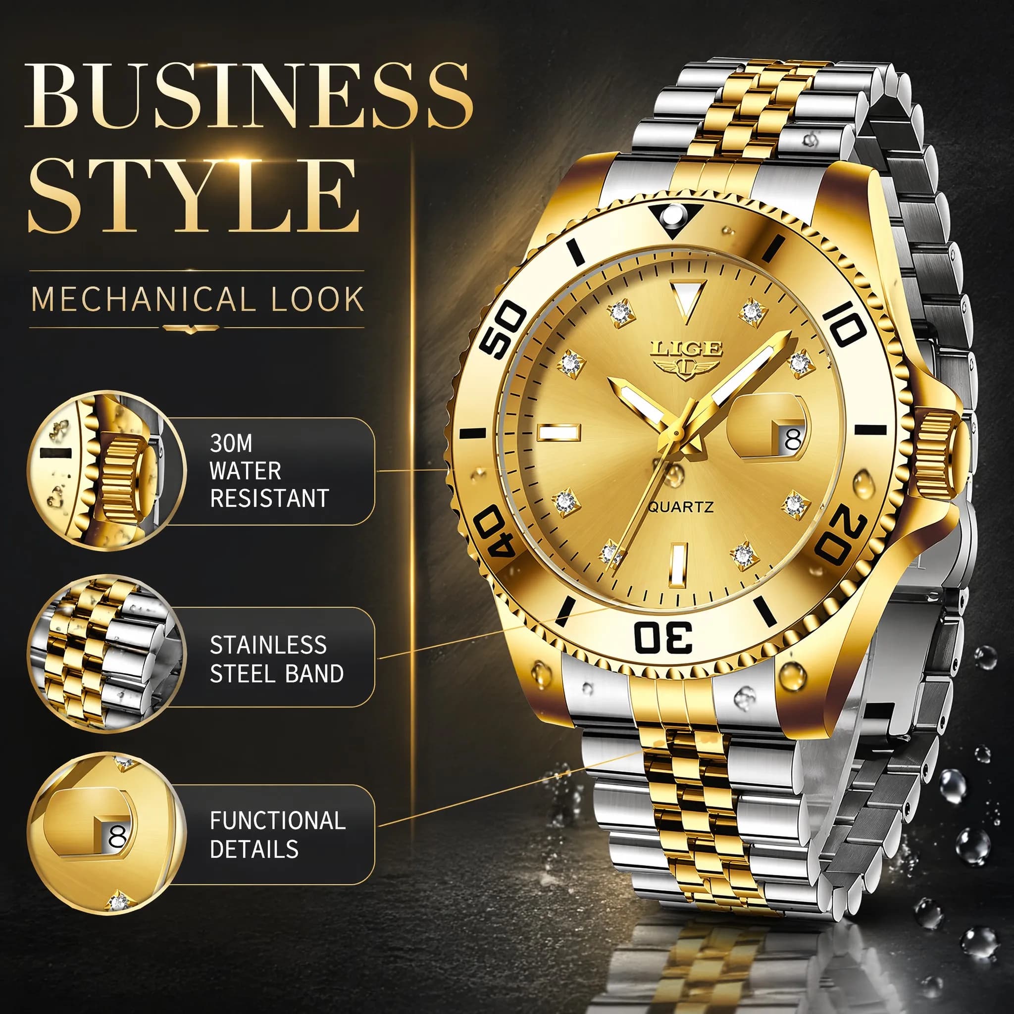 LIGE Fashion Men Watches Luxury Luminous Calendar Man Watch Business Waterproof Chronograph Stainless Steel Quartz Wristwatches