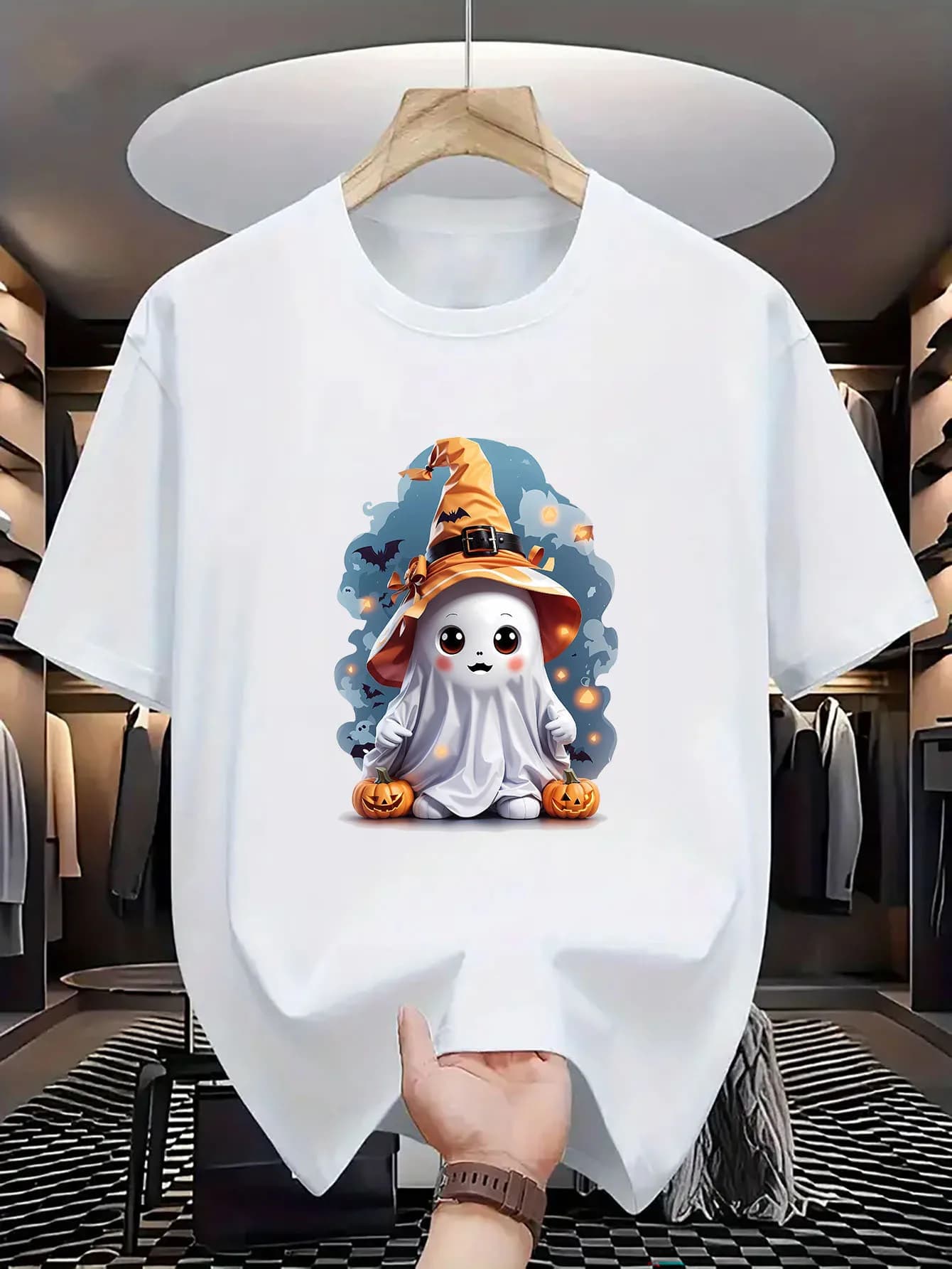 Halloween Cute Ghost Wizard Pumpkin Stampa puro cotoneT-shirt T-shirt casual da uomo e da donna traspirante e confortevole