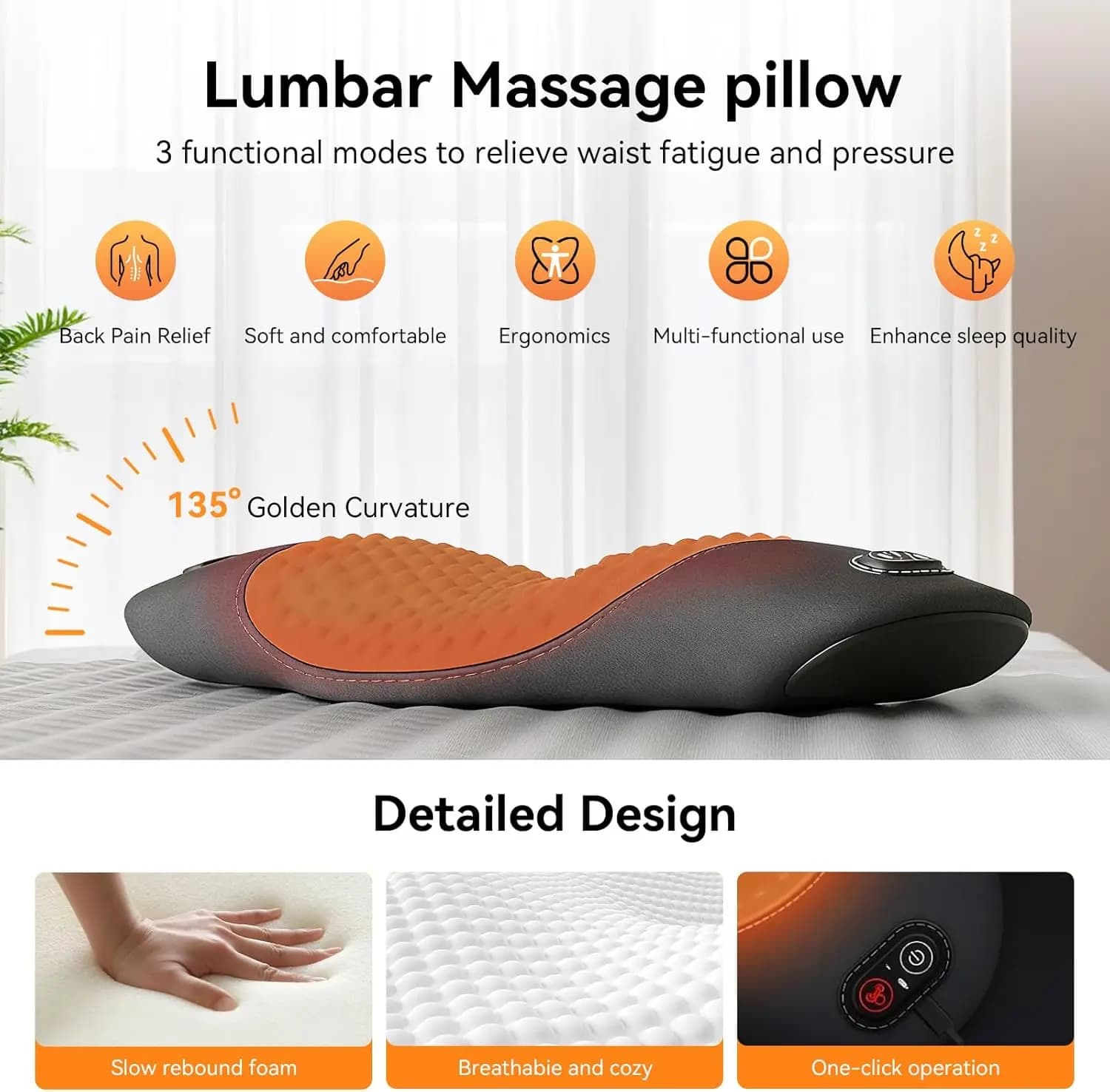 Cuscino di Supporto Lombare 3 in 1 con Altezza Regolabile per Letto e Sedia, Massaggiatore per Schiena per Alleviare il Dolore Profondo dei Tessuti