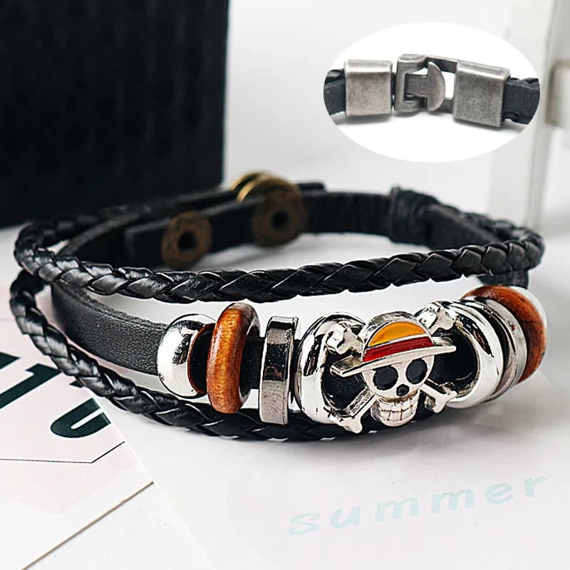 Nuovo Anime One Piece Bracciale pirata Cartoon Action Doll Lufei Cappello di paglia Punk Bracciale intrecciato in pelle nera Giocattolo Regalo di compleanno